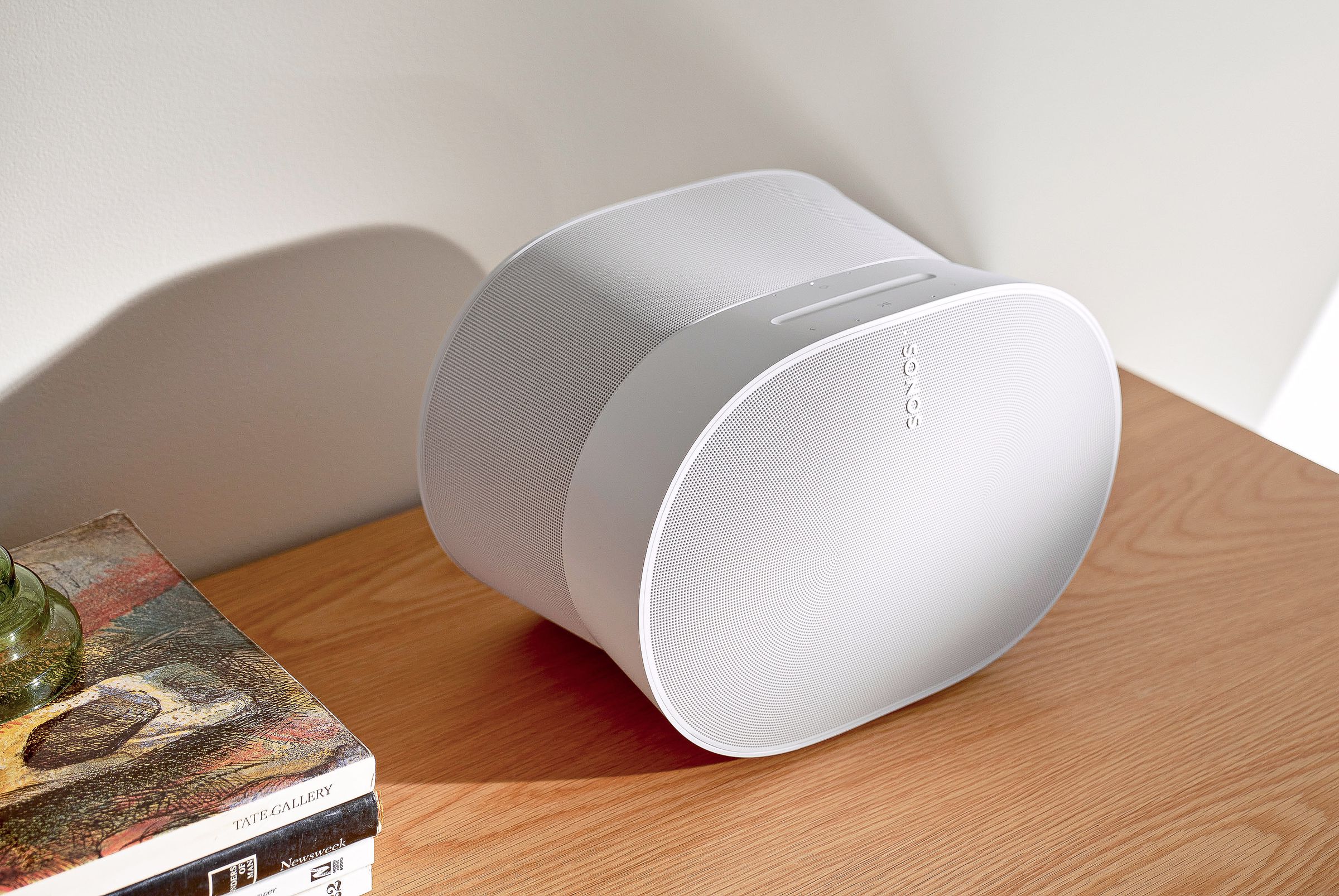 A marketing image of a white Sonos Era 300 speaker.