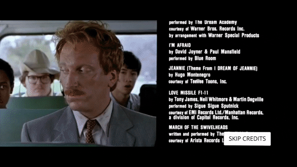 A gif of a TV playing the credits of various movies on Plex.  In the bottom right corner of the screen you will see a button 'Skip credits'.