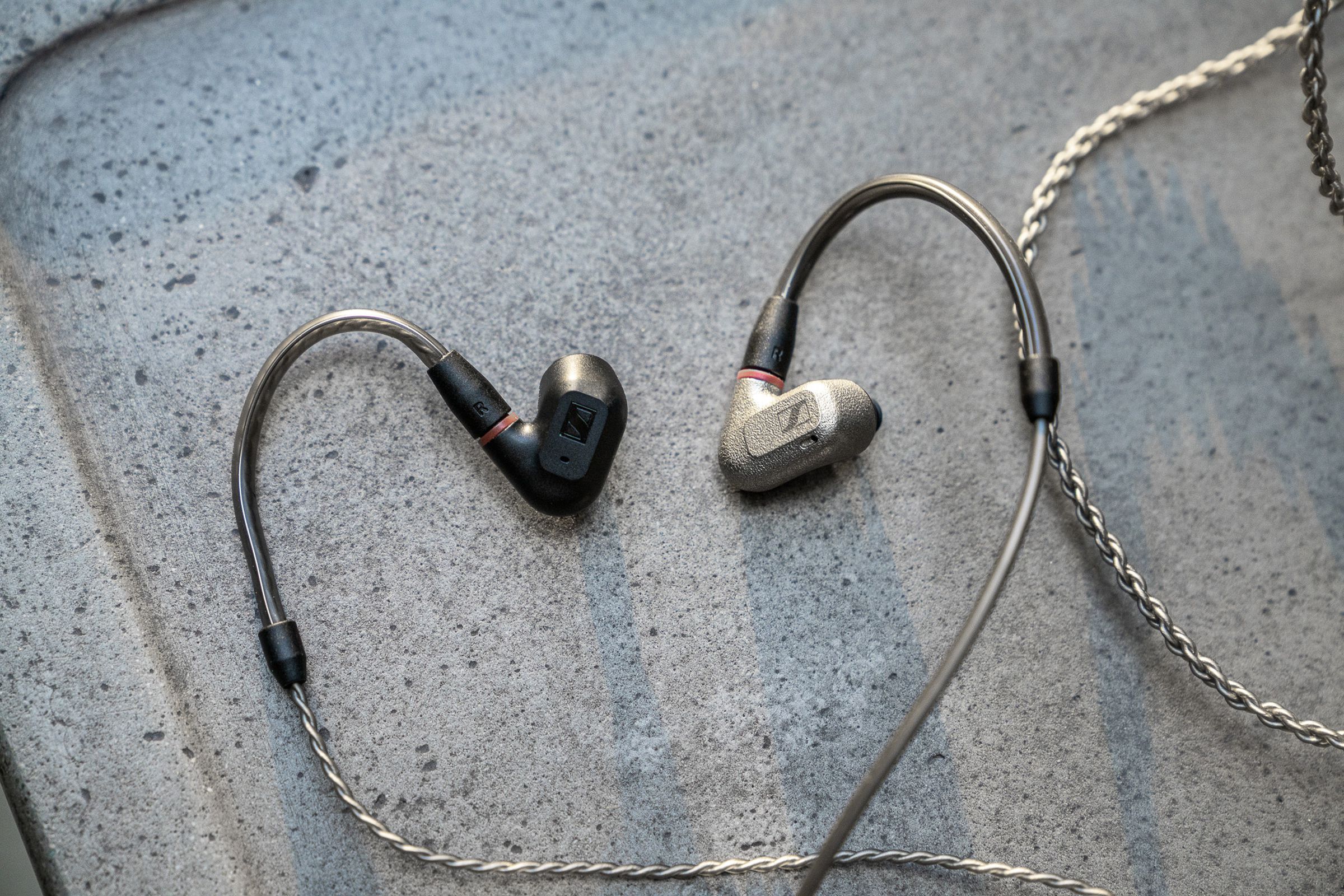 A photo of Sennheiser's IE 200 earbuds next to the company's IE 600 earbuds.