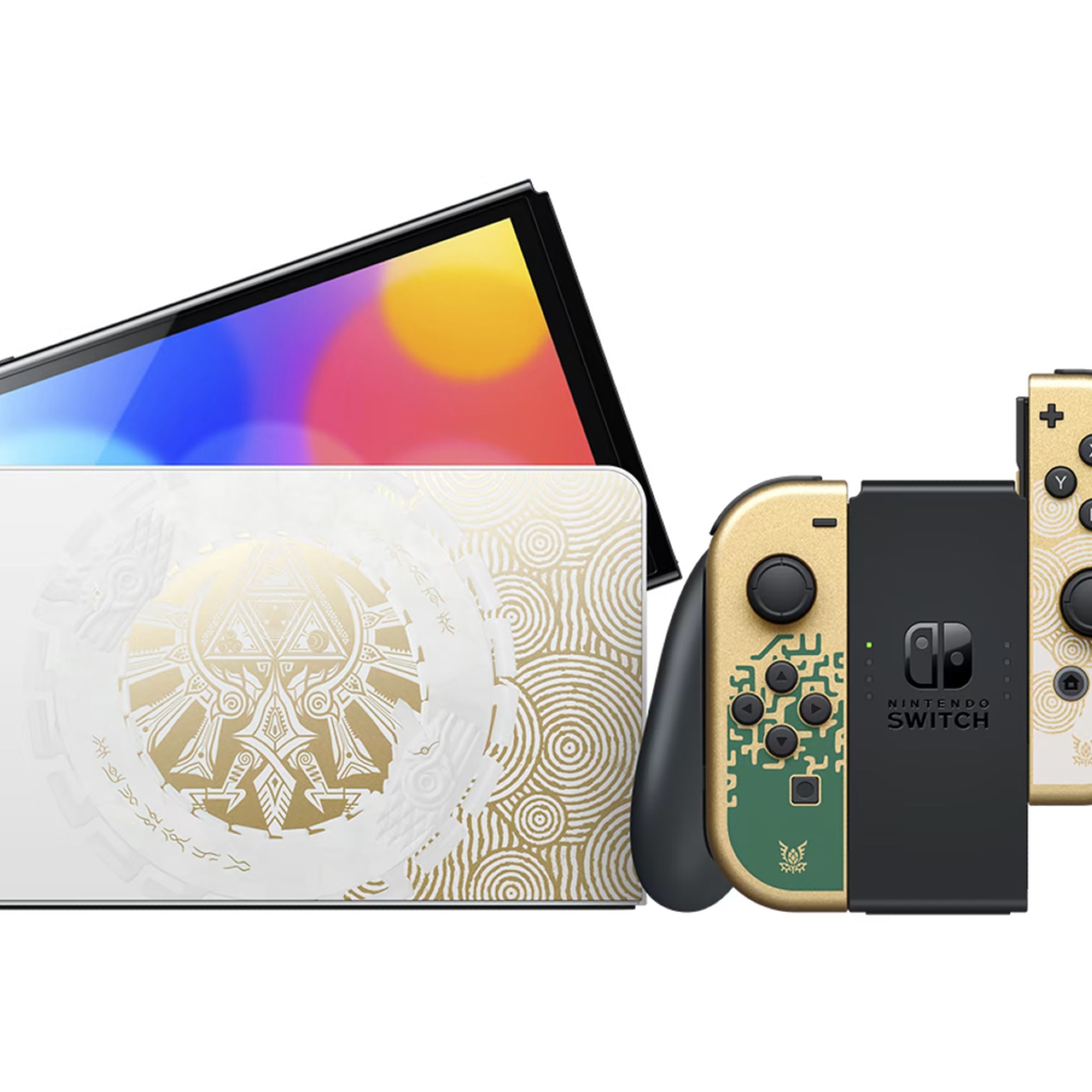 The new Nintendo Switch OLED Zelda: Tears of the Kingdom Edition alongside Joy-Con controllers and a docking station.