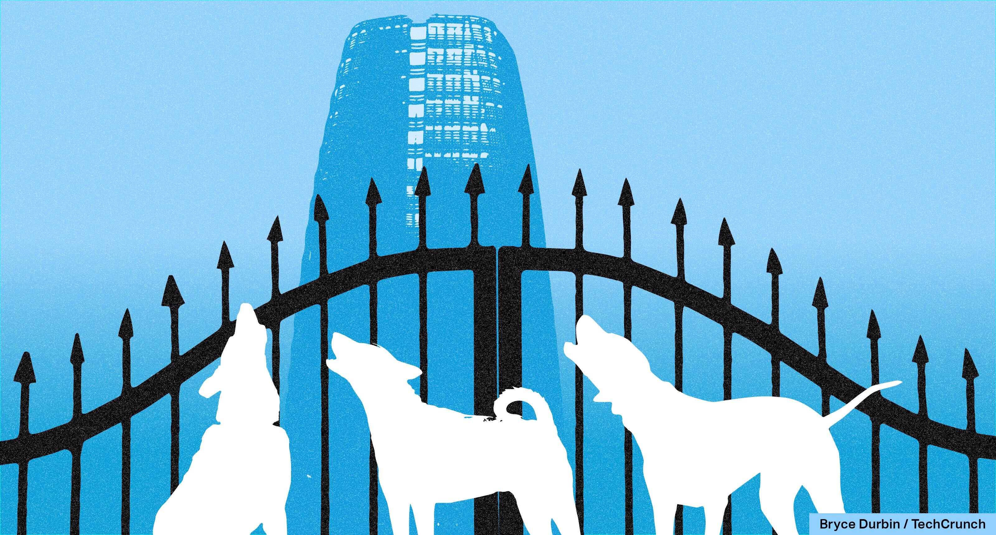Cartoon of dogs barking outside Salesforce Tower.