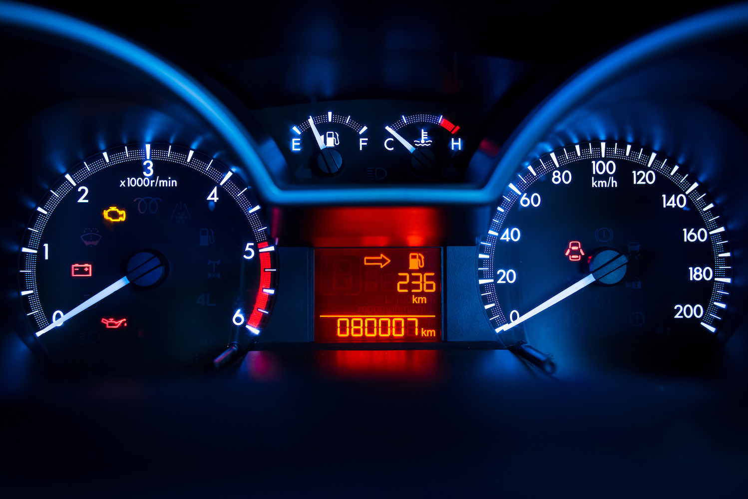 Modern car illuminated dashboard close-up