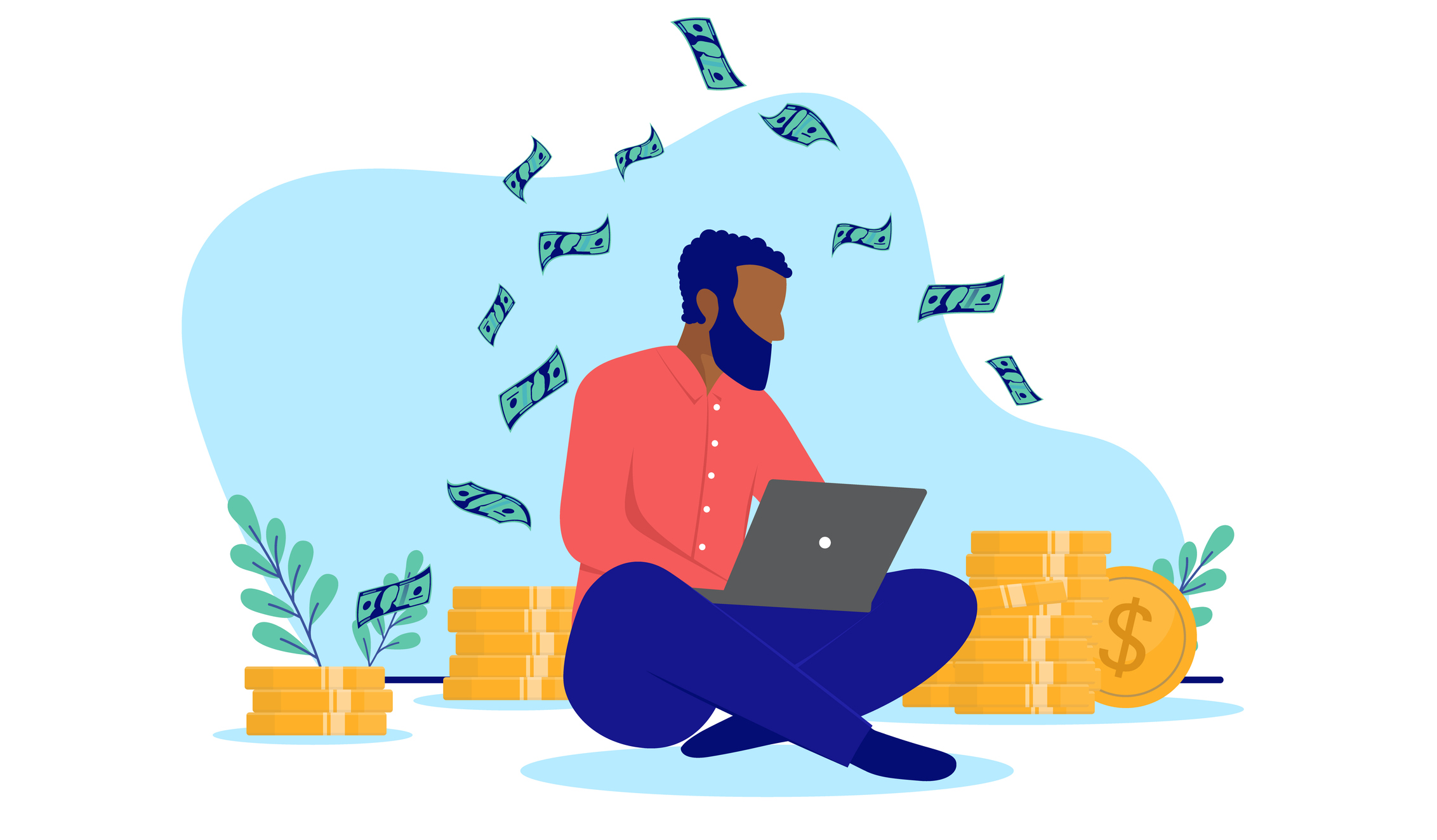 Black ethnic man sitting on the floor with laptop and earning income online. Flat design vector illustration with white background